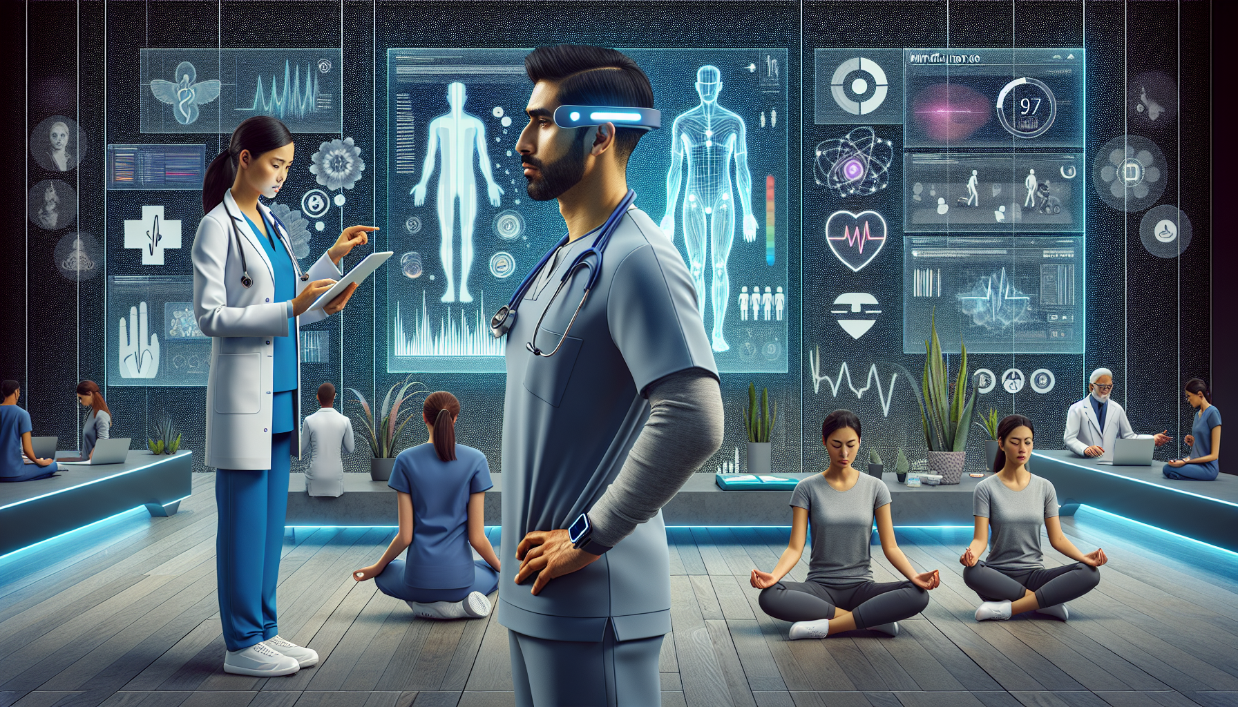 A depiction of a future-ready healthcare workforce, showcasing self-management techniques and modern technology.