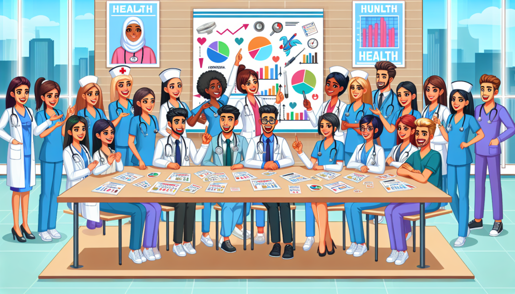 An illustration showing a diverse group of healthcare professionals discussing the current state of the healthcare workforce.